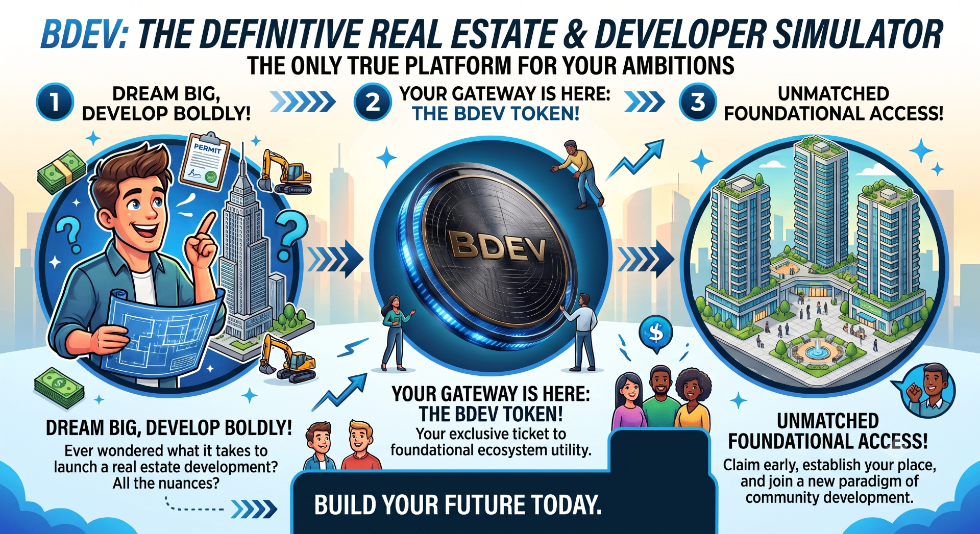 VDEV: The Definitive Real Estate & Developer Simulator — three-step visual: dream big and develop boldly, the VDEV token as your gateway, and unmatched foundational access.